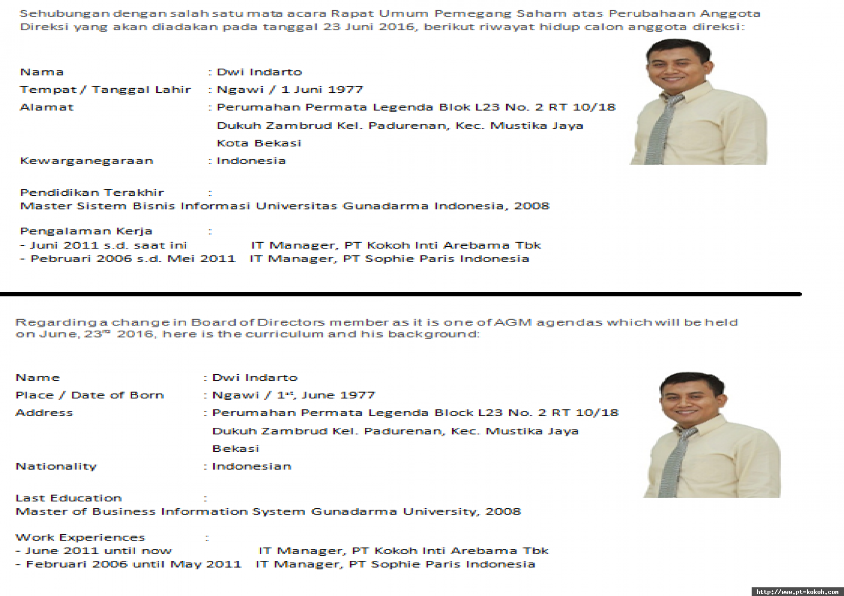 Riwayat Hidup Calon Direksi