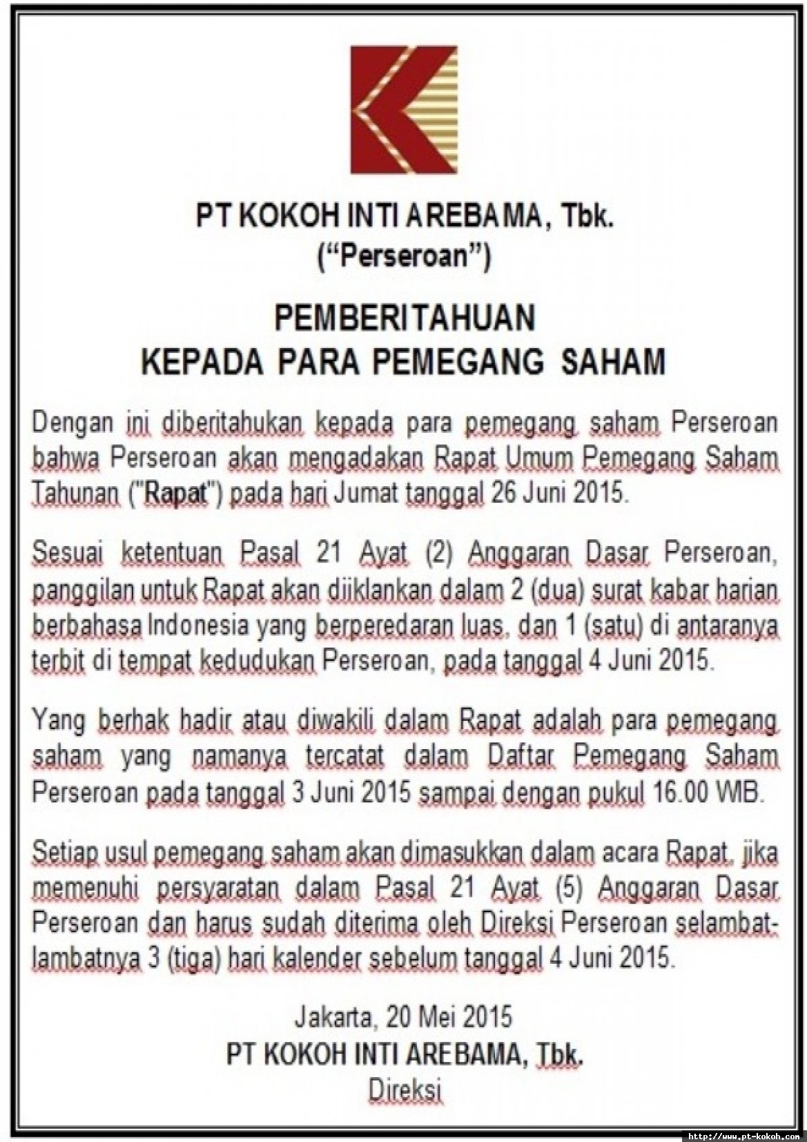 Undangan RUPS PT Kokoh Inti Arebama, Tbk